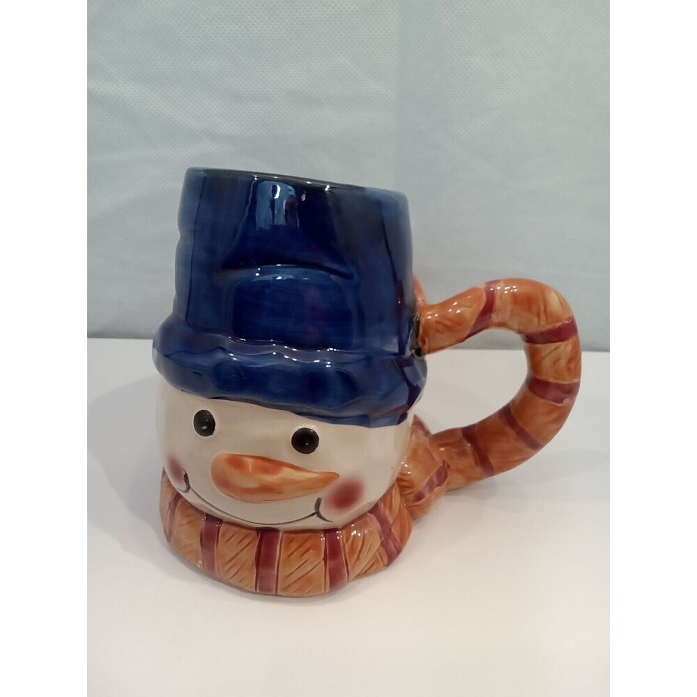 Snowman Ceramic Mug blue brown orange white